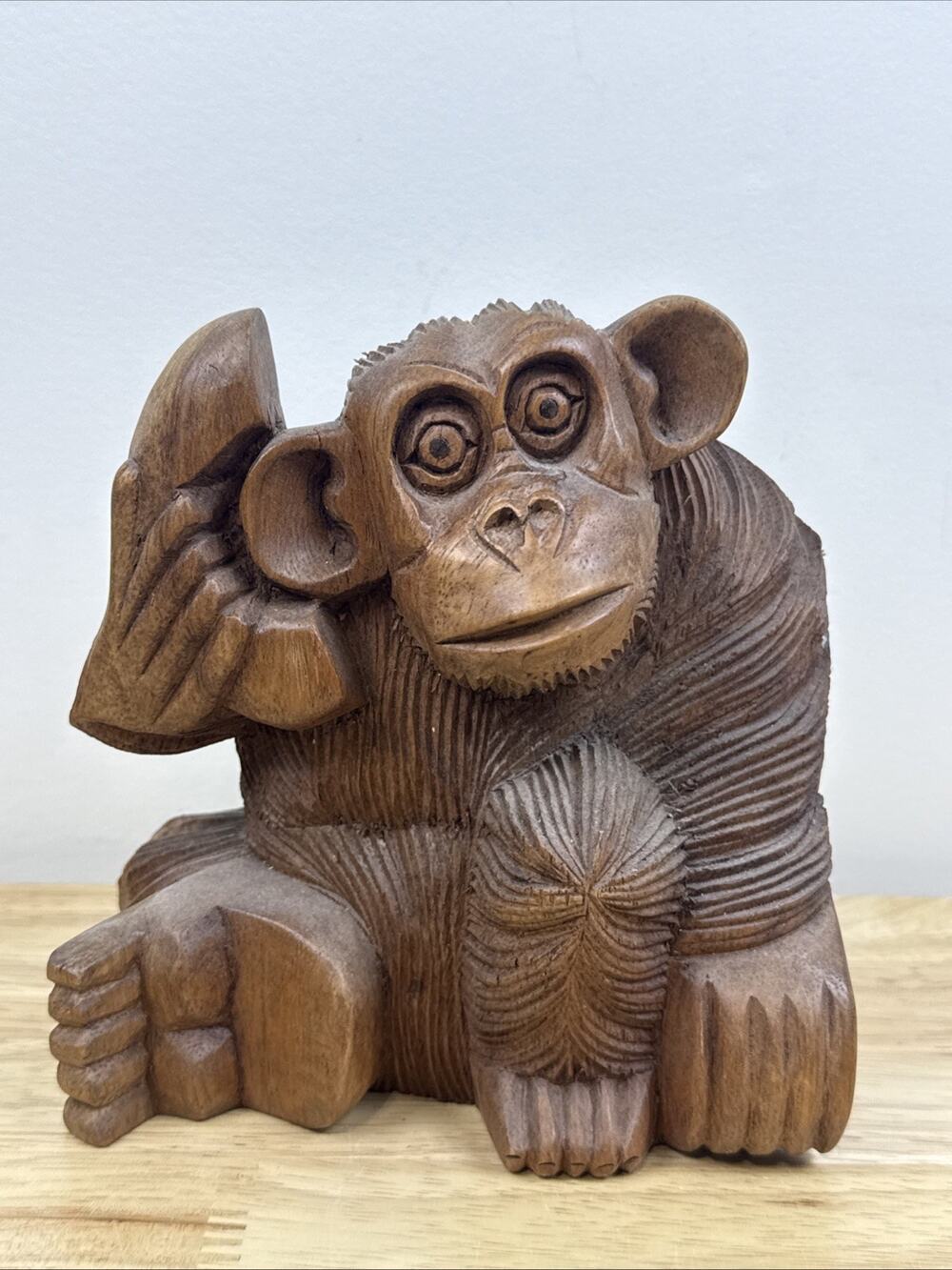 SOLID WOOD HAND CARVED BIG MONKEY APE CHIMP HEAR NO EVIL PHONE ART INDONESIA 6”